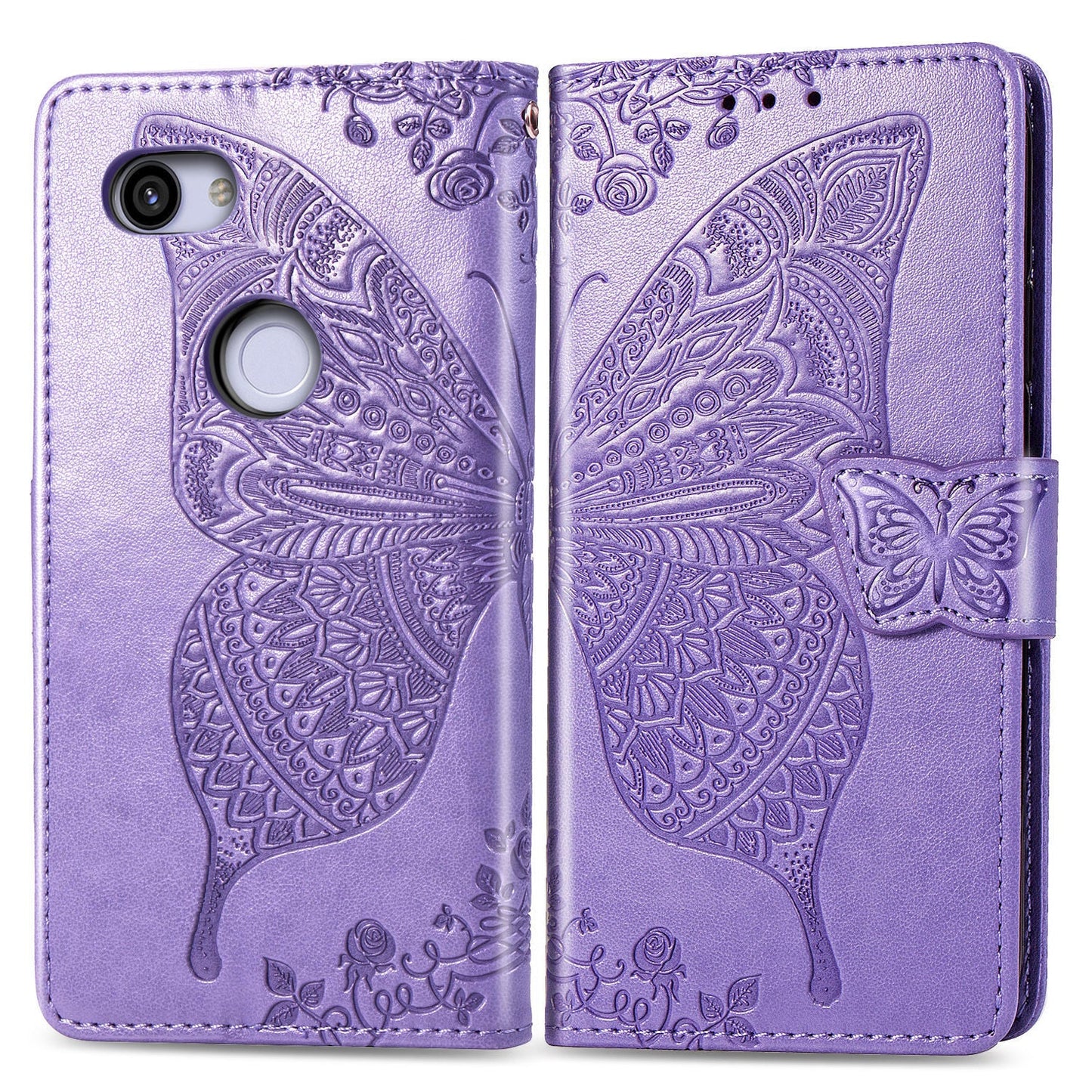 Étui portefeuille en cuir gaufré de luxe avec motif papillon pour Google Pixel