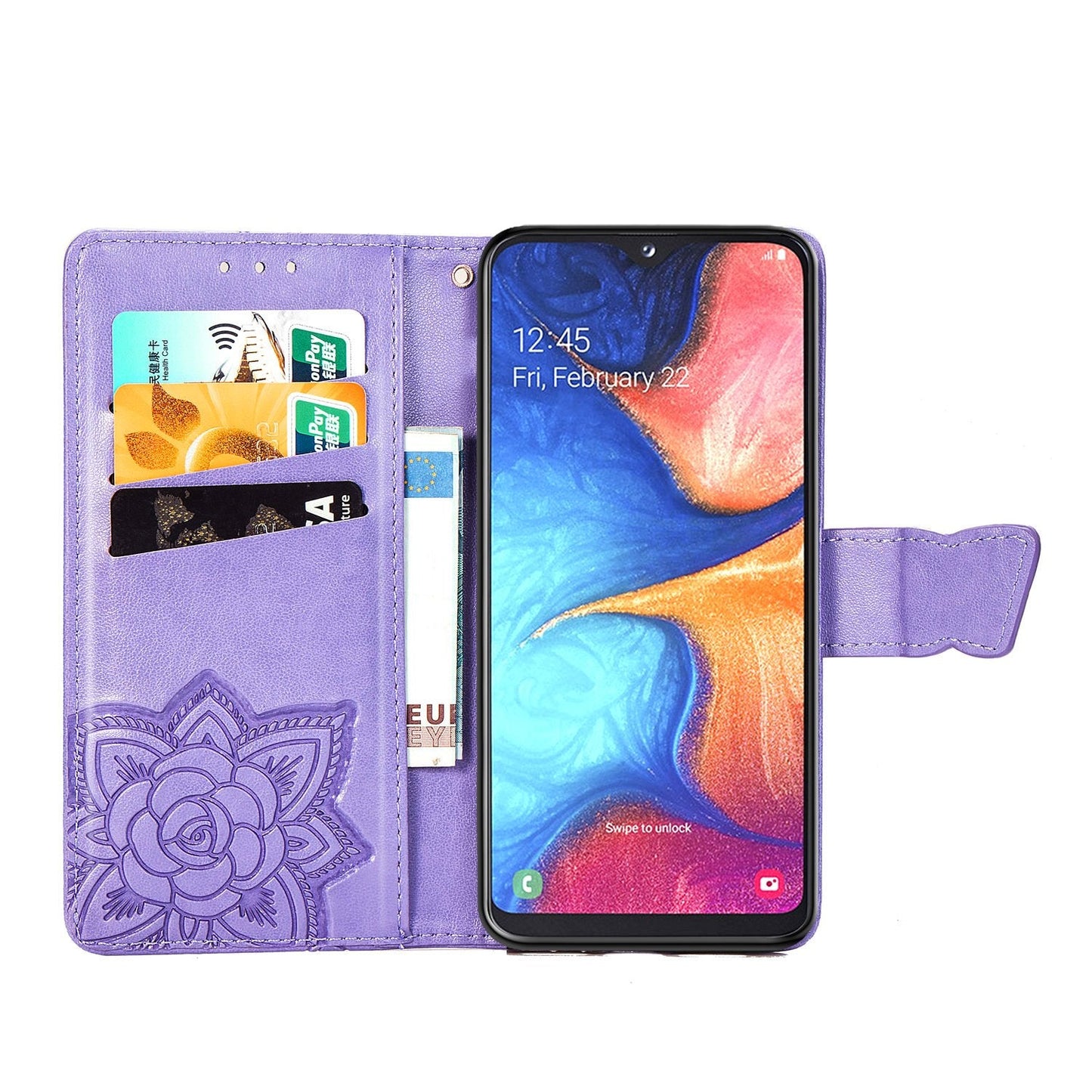 Étui portefeuille en cuir gaufré de luxe avec papillon pour Samsung A10E