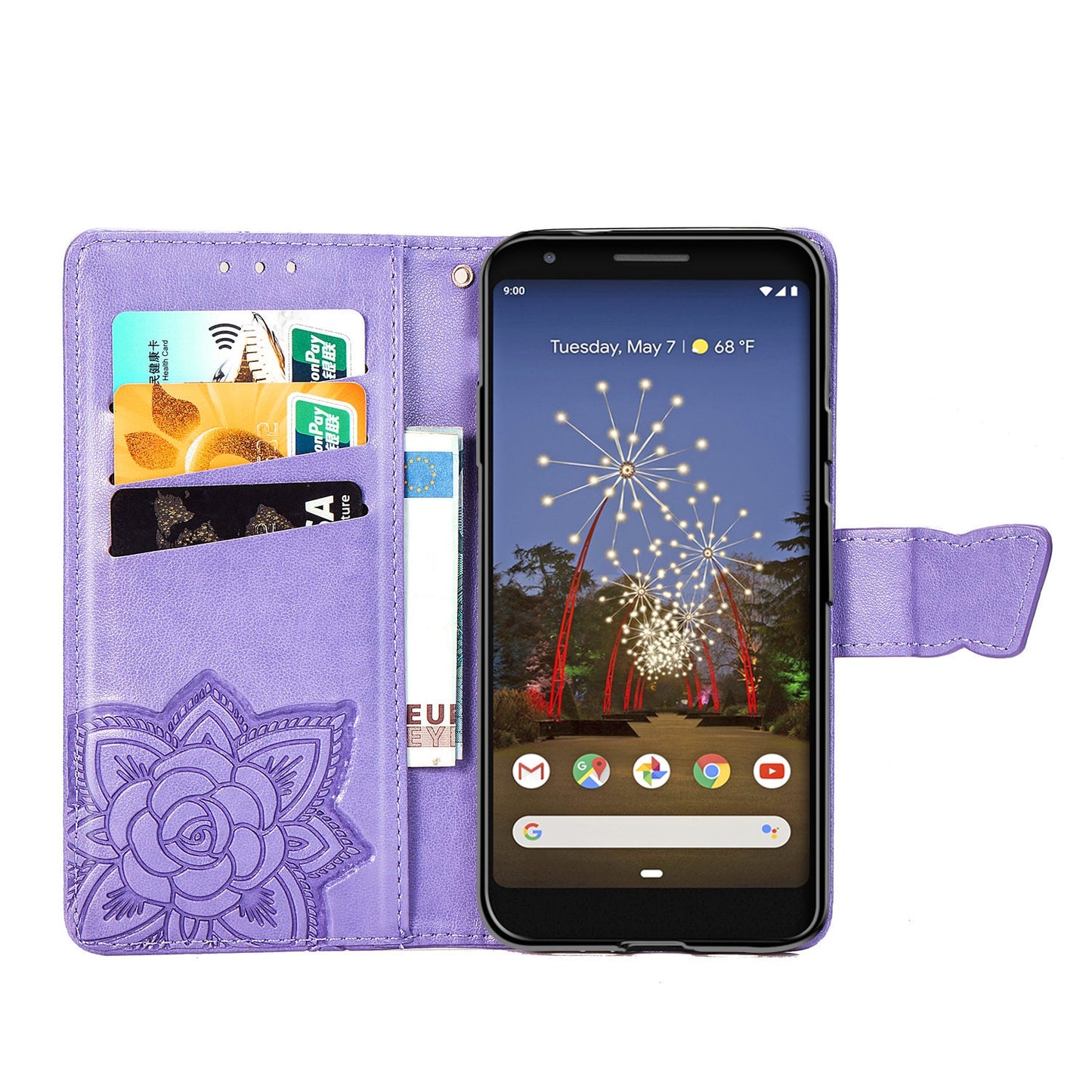 Étui portefeuille en cuir gaufré de luxe avec motif papillon pour Google Pixel