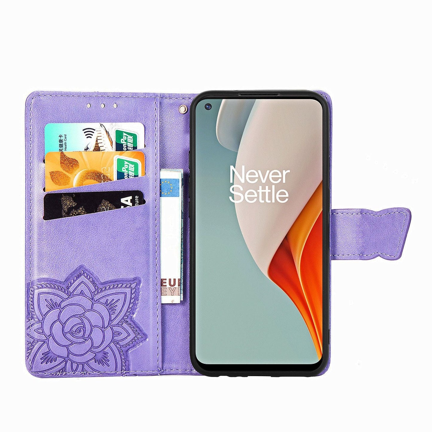 Étui portefeuille à rabat en cuir avec papillon en relief de luxe pour OnePlus Nord N100