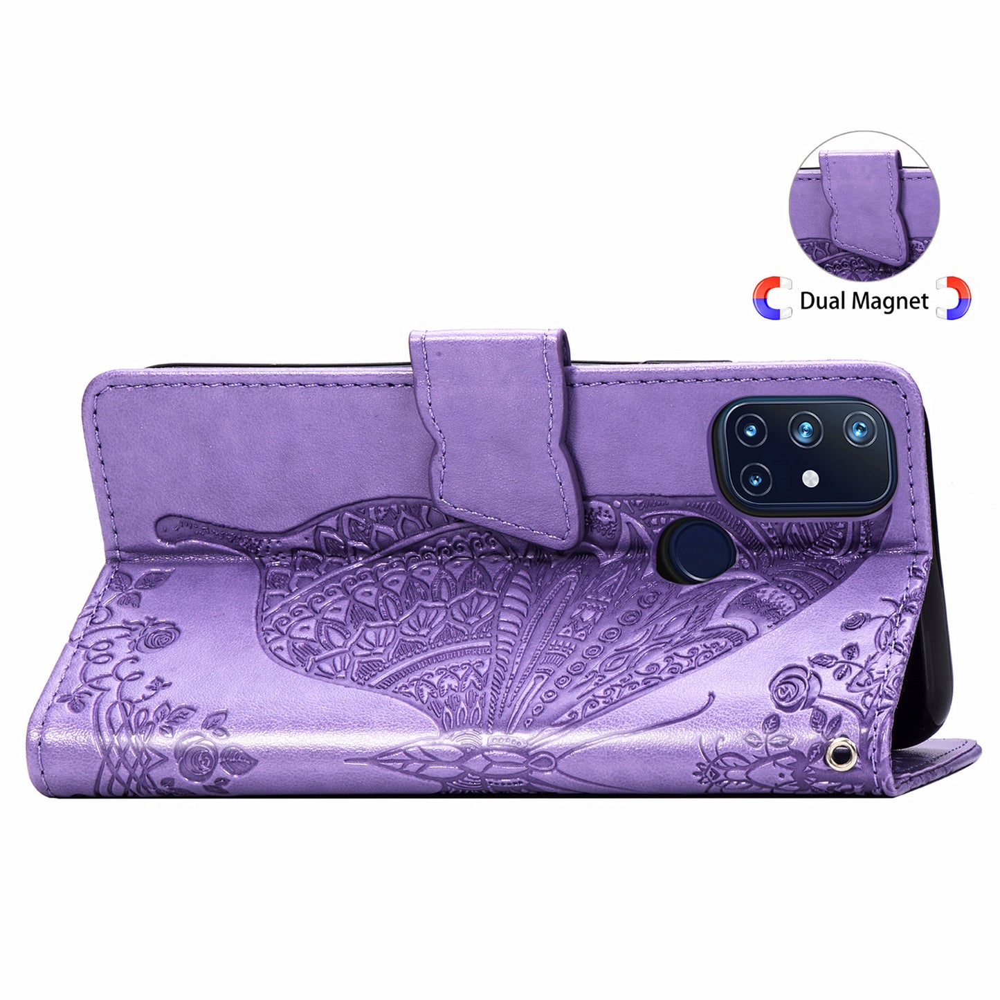 Étui portefeuille en cuir gaufré de luxe papillon pour OnePlus Nord N10 5G