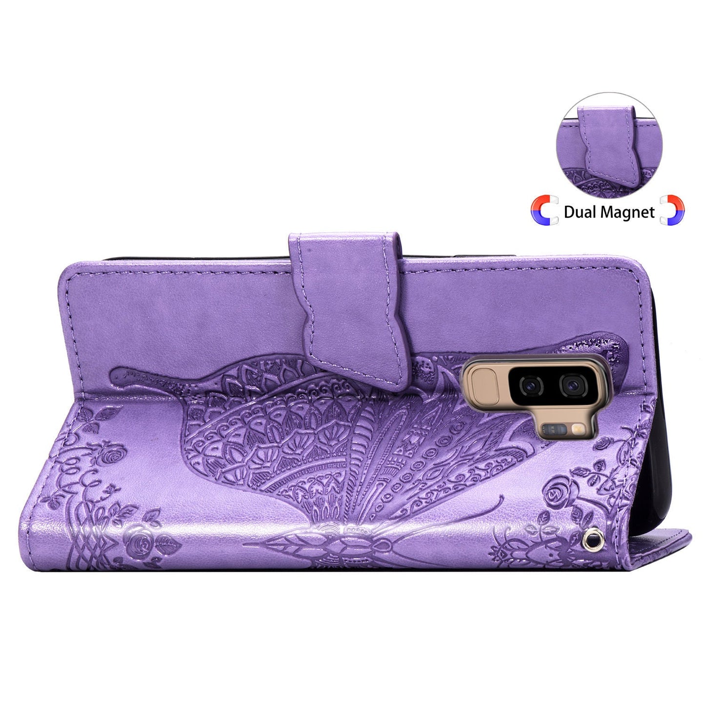 Étui Portefeuille en Cuir Gaufré Papillon de Luxe pour Samsung Galaxy S9 Plus