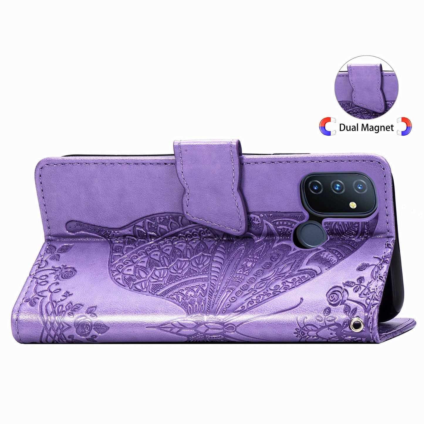 Étui portefeuille à rabat en cuir avec papillon en relief de luxe pour OnePlus Nord N100