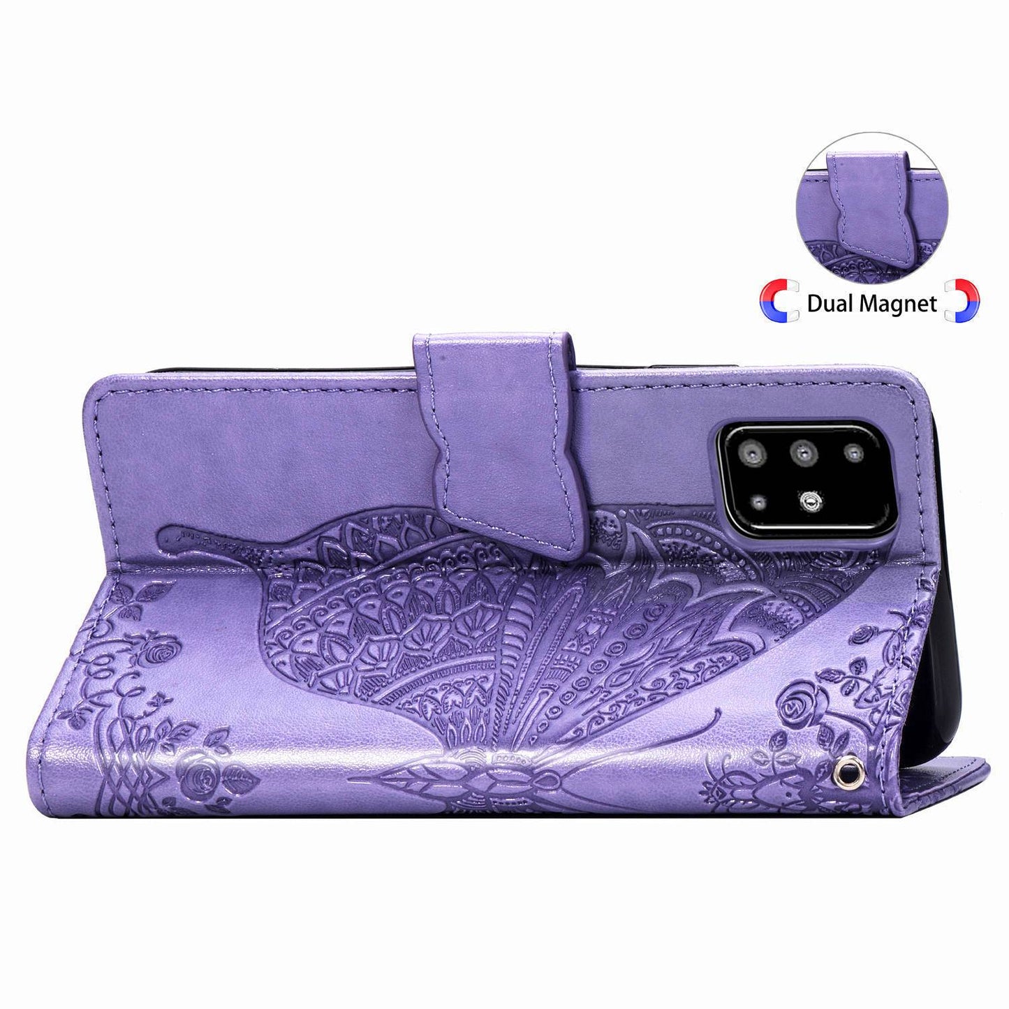 Étui portefeuille en cuir gaufré de luxe avec papillon pour Samsung A71