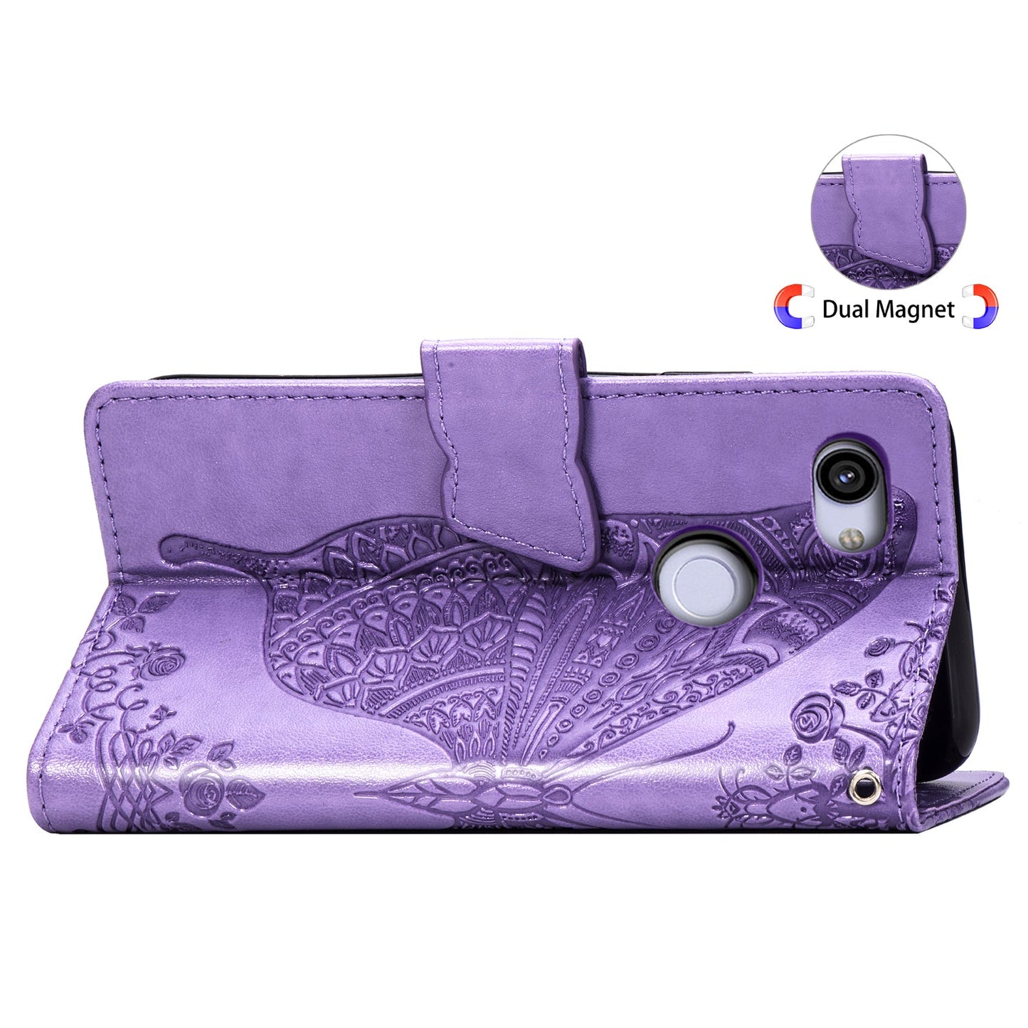 Étui portefeuille en cuir gaufré de luxe avec motif papillon pour Google Pixel