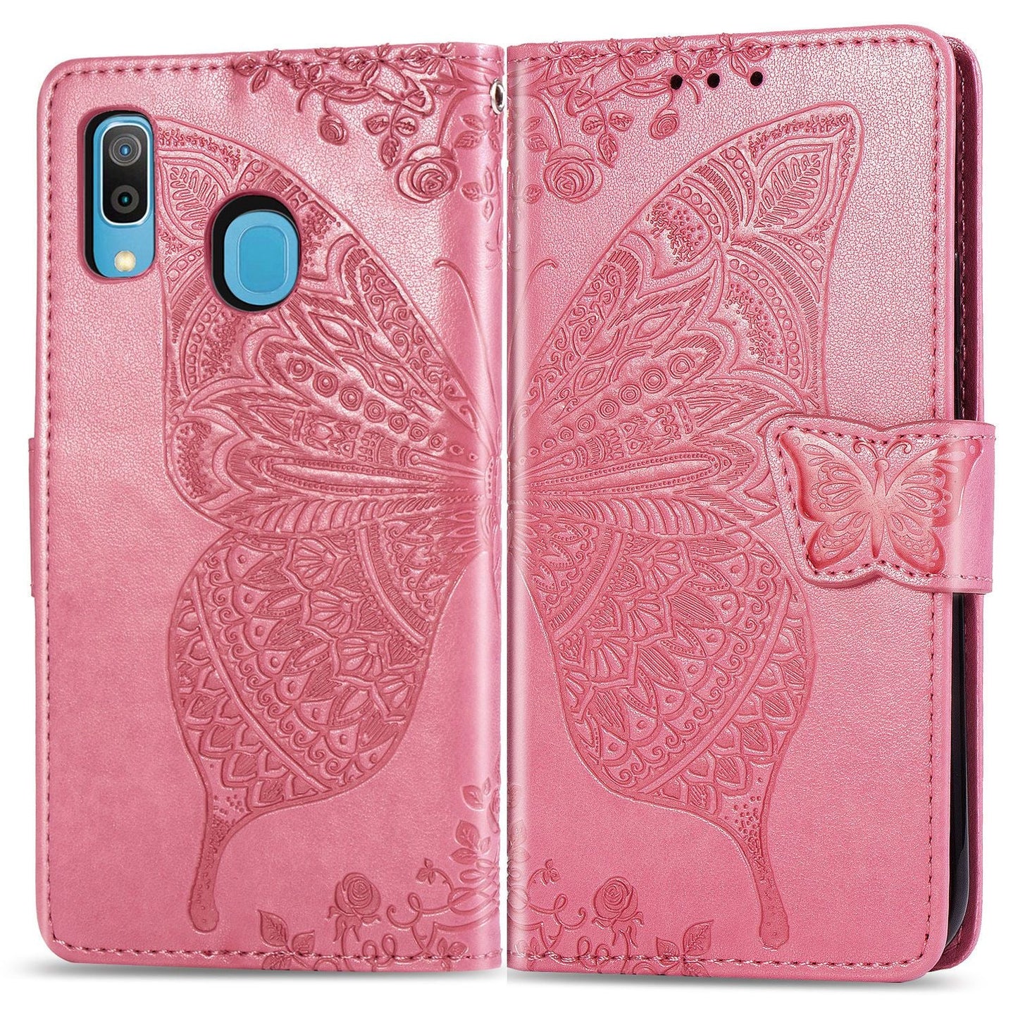 Étui portefeuille à rabat en cuir de luxe gaufré papillon pour Samsung A20