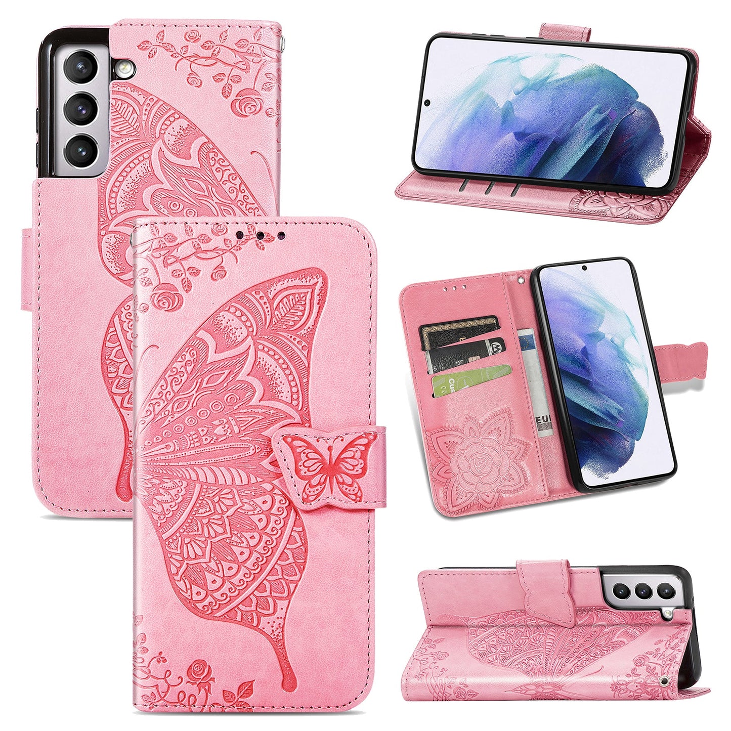 Étui portefeuille en cuir gaufré de luxe avec papillon pour la série Samsung Galaxy S21