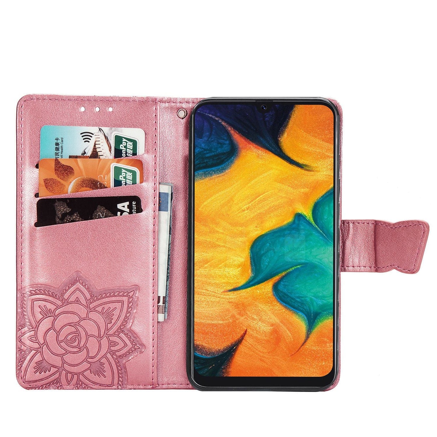 Étui portefeuille à rabat en cuir de luxe gaufré papillon pour Samsung A20