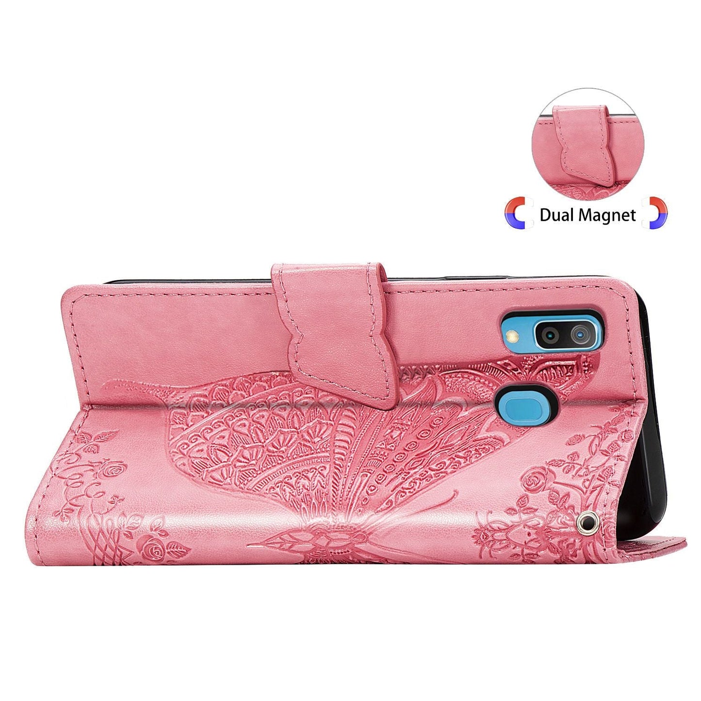 Étui portefeuille à rabat en cuir de luxe gaufré papillon pour Samsung A20