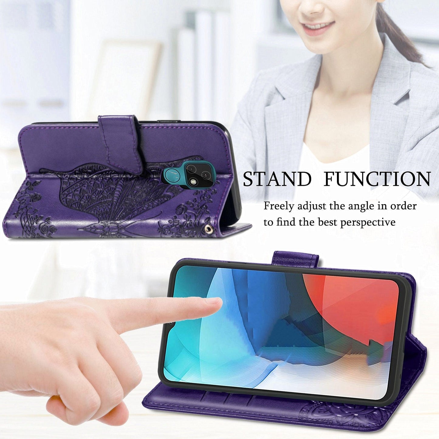 Luxury Embossed Butterfly Leather Wallet Flip Case for MOTO E7
