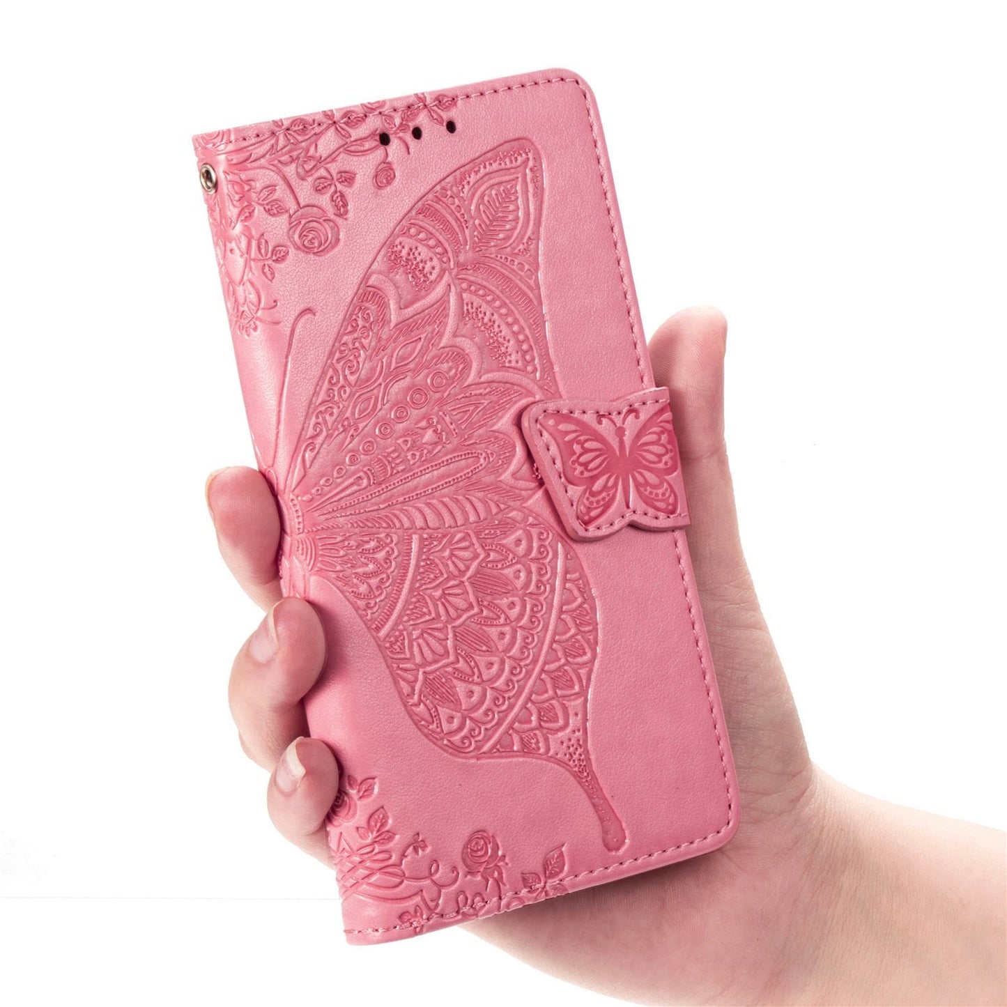 Étui portefeuille à rabat en cuir de luxe gaufré papillon pour Samsung A20