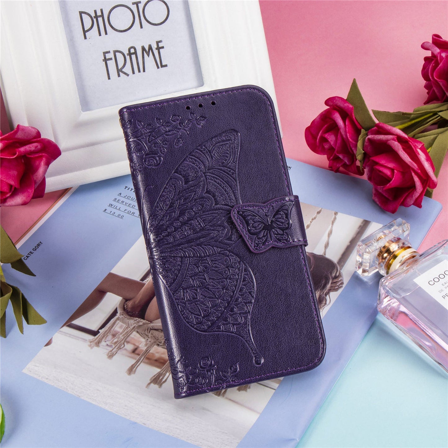 Étui portefeuille en cuir gaufré de luxe avec papillon pour MOTO E6