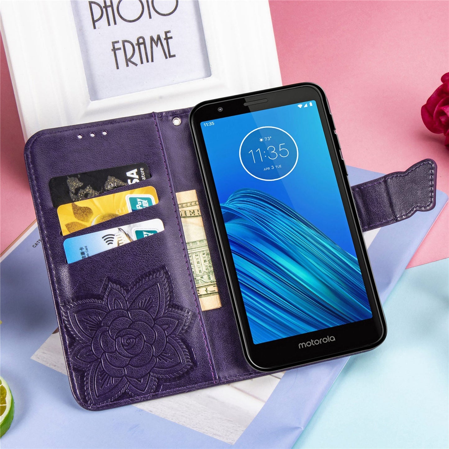 Étui portefeuille en cuir gaufré de luxe avec papillon pour MOTO E6