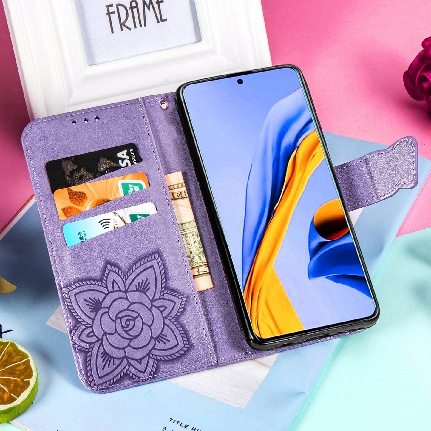 Étui portefeuille en cuir gaufré de luxe avec papillon pour Samsung A71