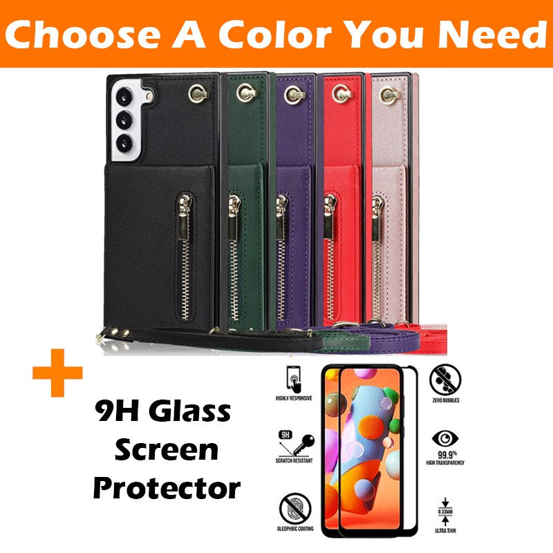 Nouvelle coque portefeuille à fermeture éclair avec bandoulière pour Samsung S21FE