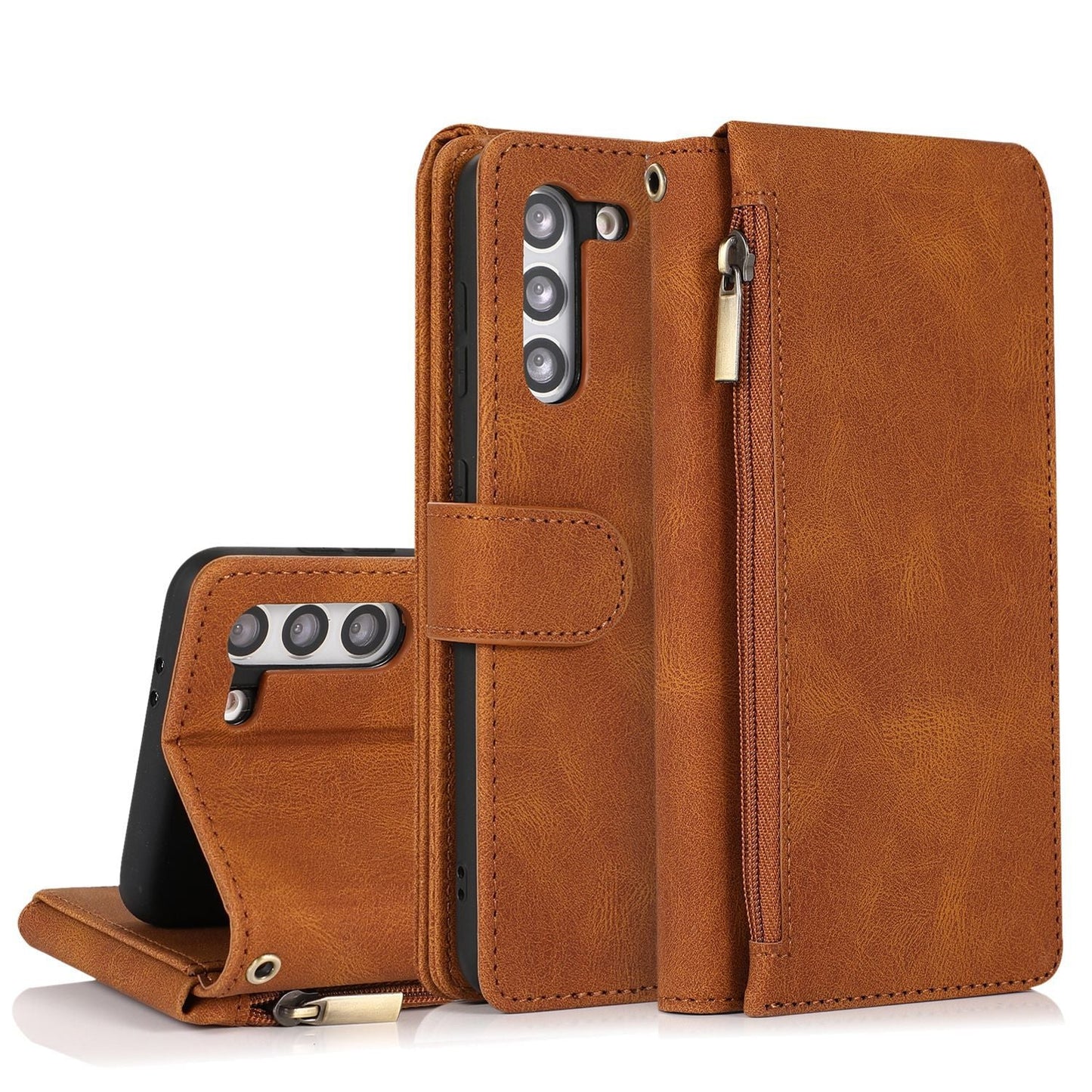 Luxury Skin Feel Multi-card Zipper Leather Case For Samsung Series