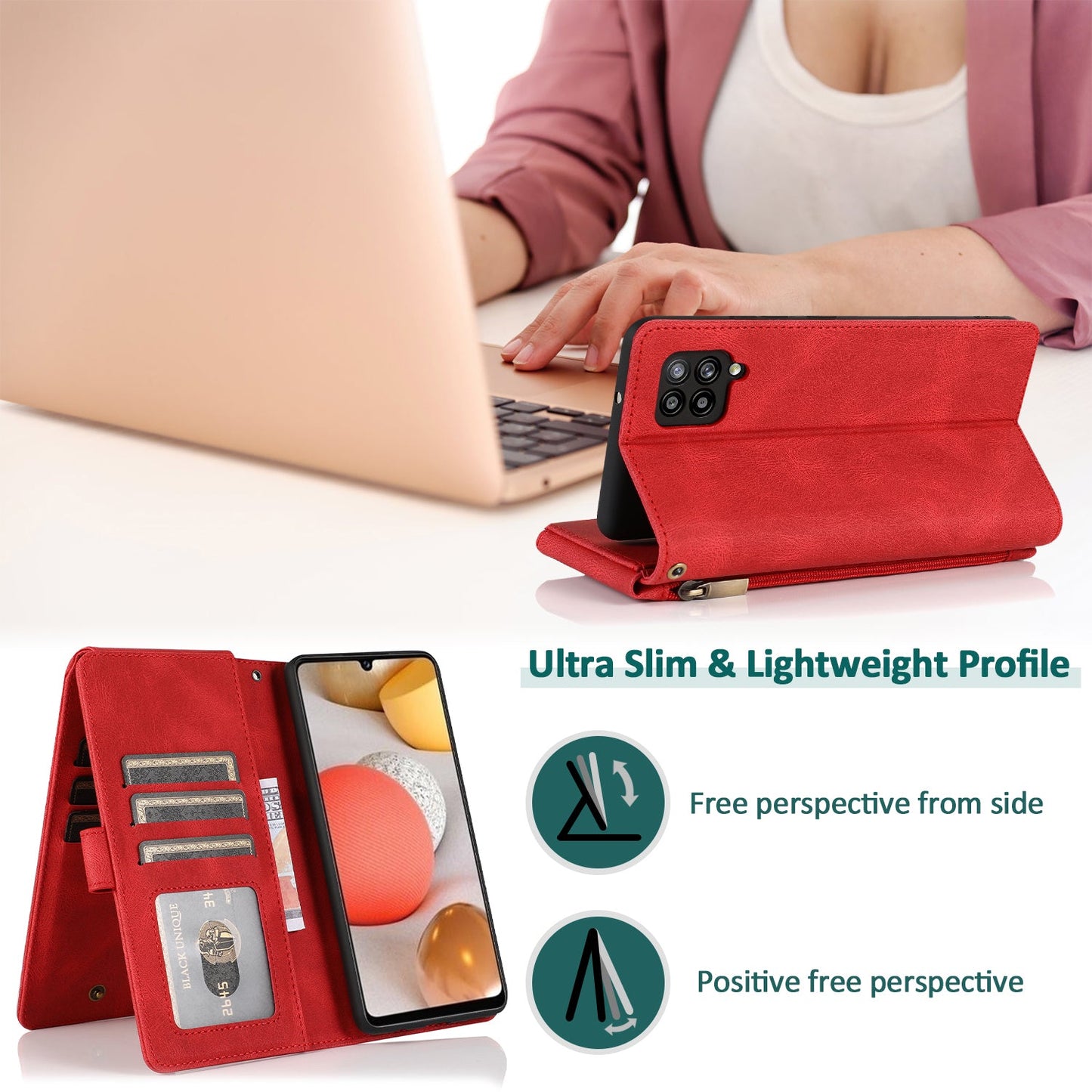 Luxury Skin Feel Multi-card Zipper Leather Case For Samsung A42