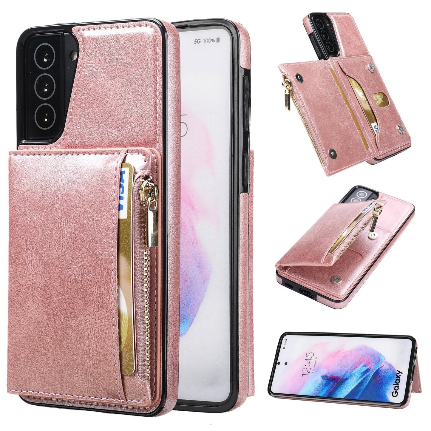 Nouvelle mise à niveau étui portefeuille multifonctionnel à fermeture éclair pour Samsung S21 Plus 5G