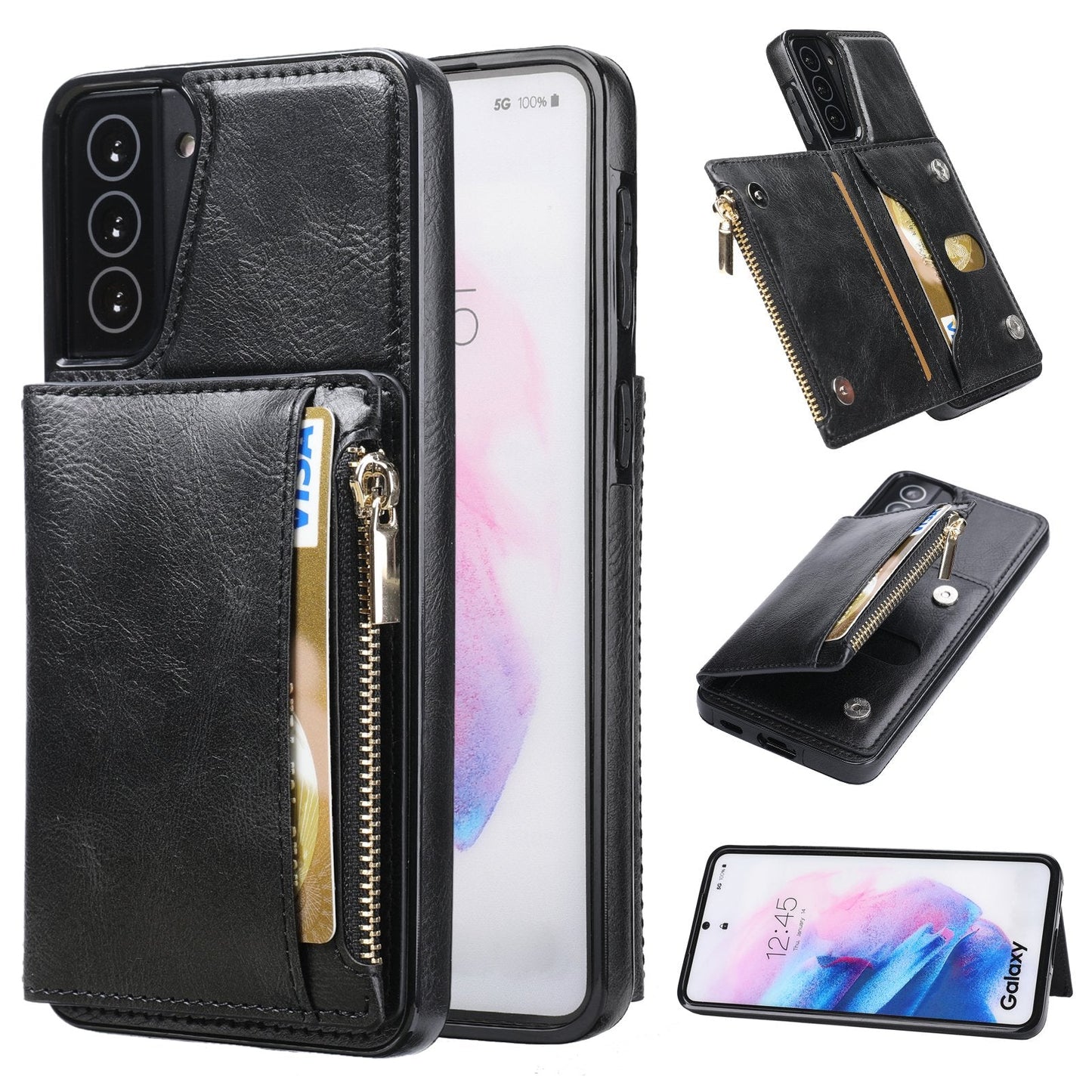 Nouvelle mise à niveau étui portefeuille multifonctionnel à fermeture éclair pour Samsung S21 5G