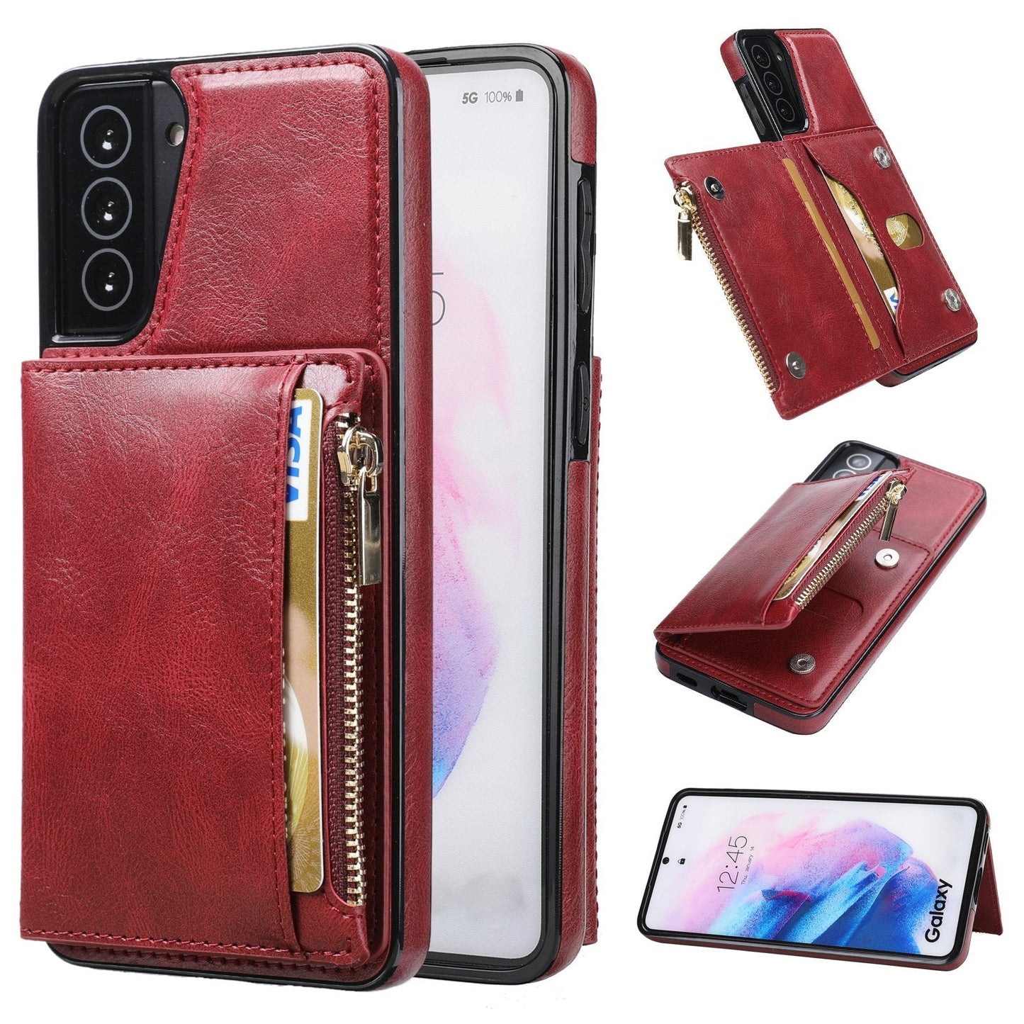 Nouvelle mise à niveau étui portefeuille multifonctionnel à fermeture éclair pour Samsung S21 5G