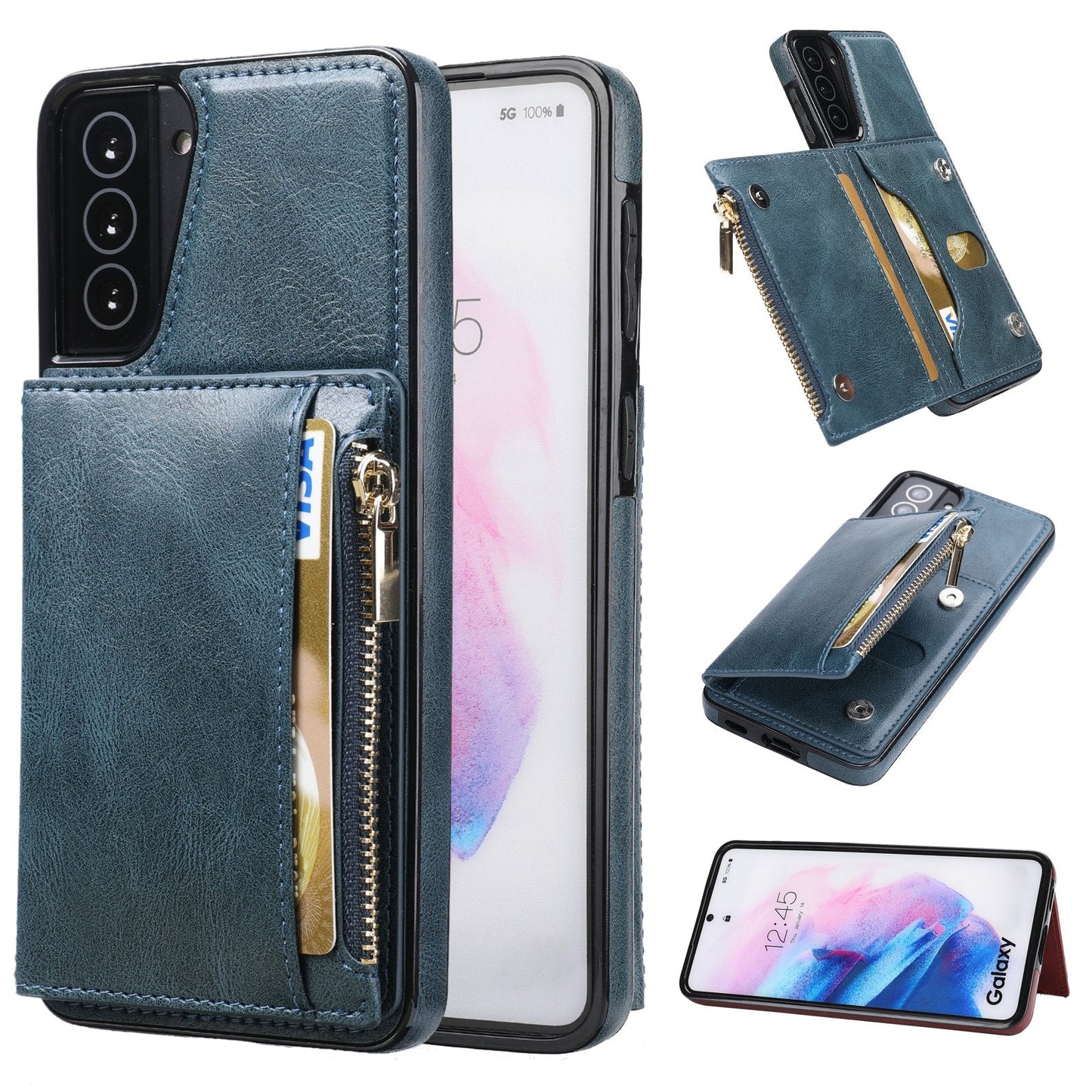 Nouvelle mise à niveau étui portefeuille multifonctionnel à fermeture éclair pour Samsung S21 5G