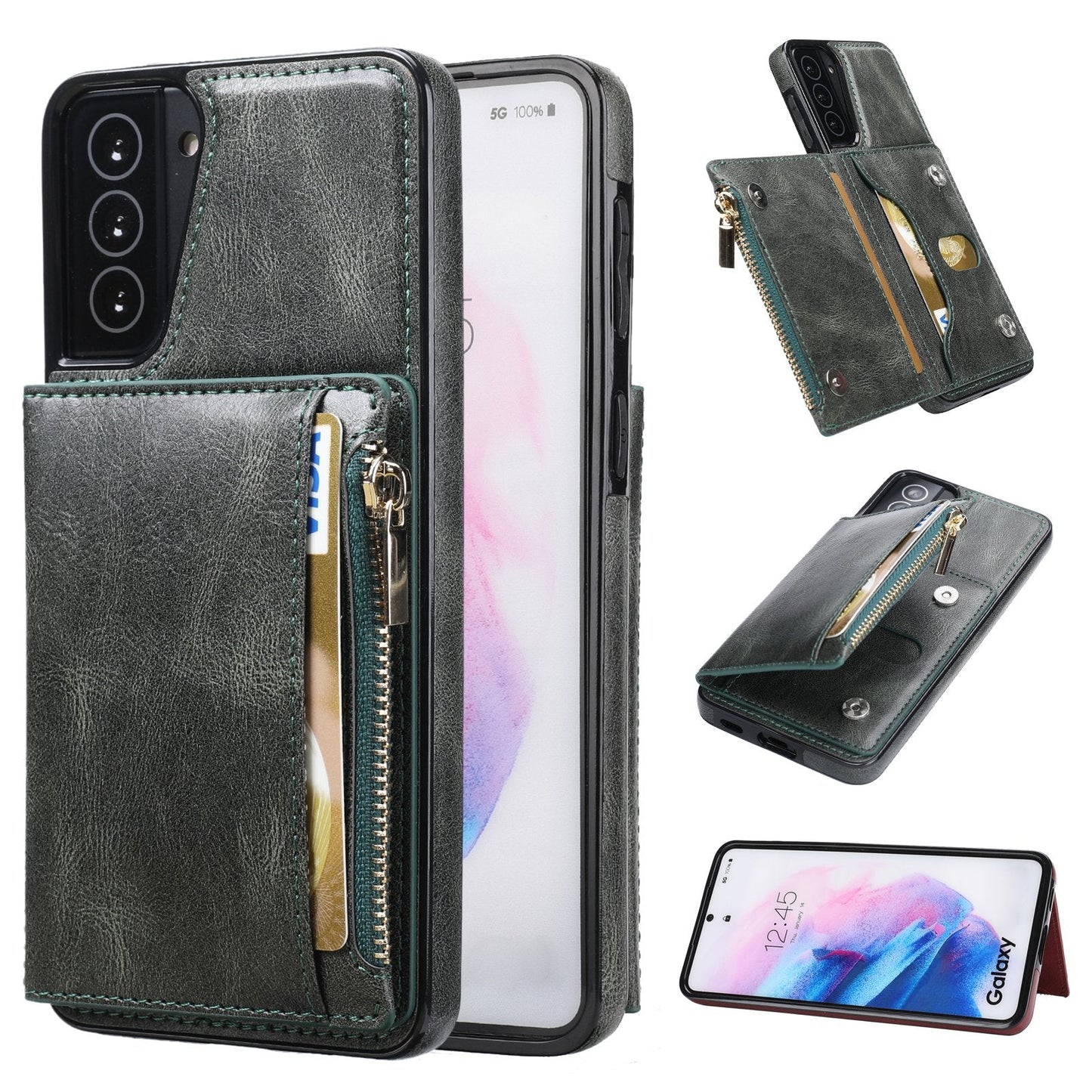 Nouvelle mise à niveau étui portefeuille multifonctionnel à fermeture éclair pour Samsung S21 5G