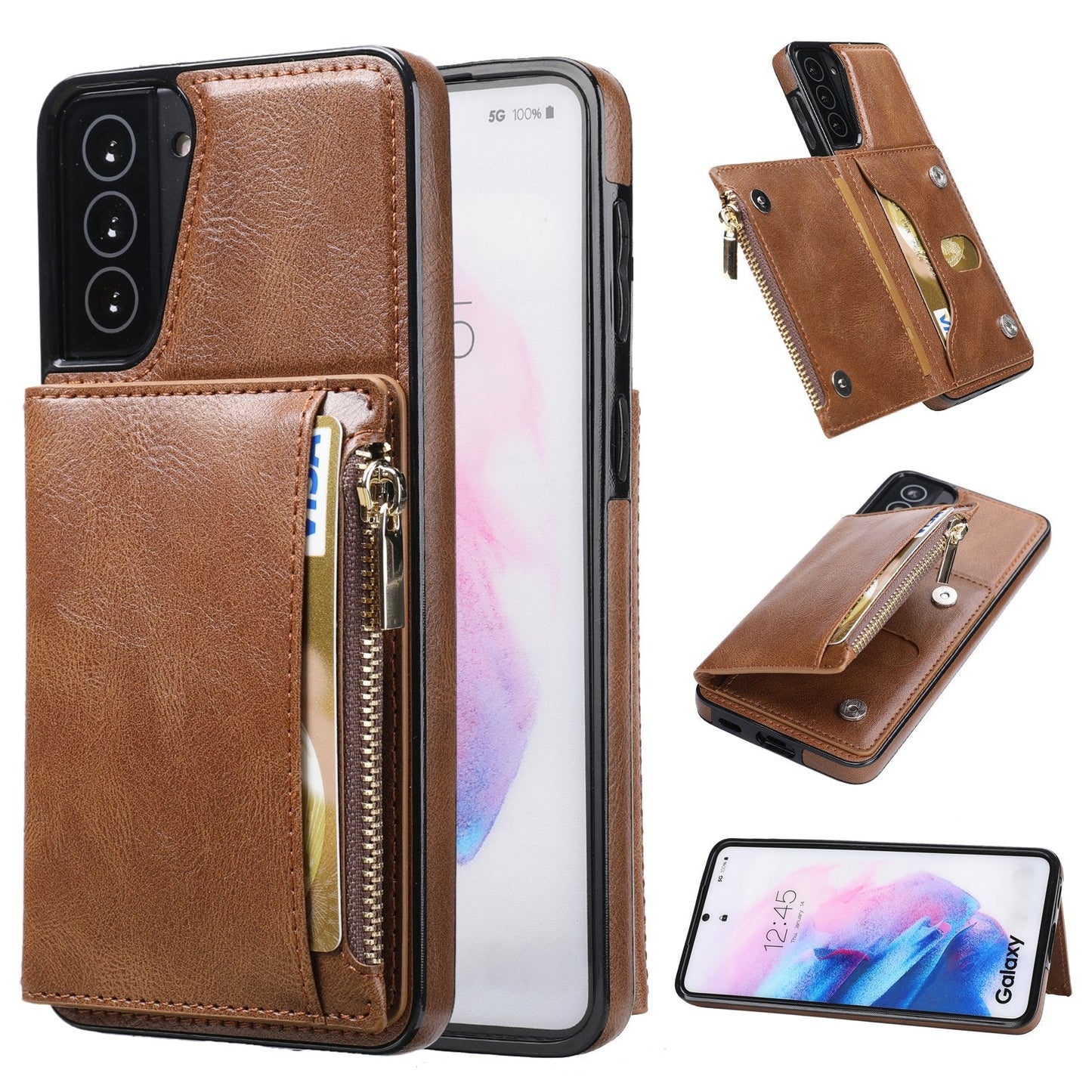 Nouvelle mise à niveau étui portefeuille multifonctionnel à fermeture éclair pour Samsung S21 Plus 5G