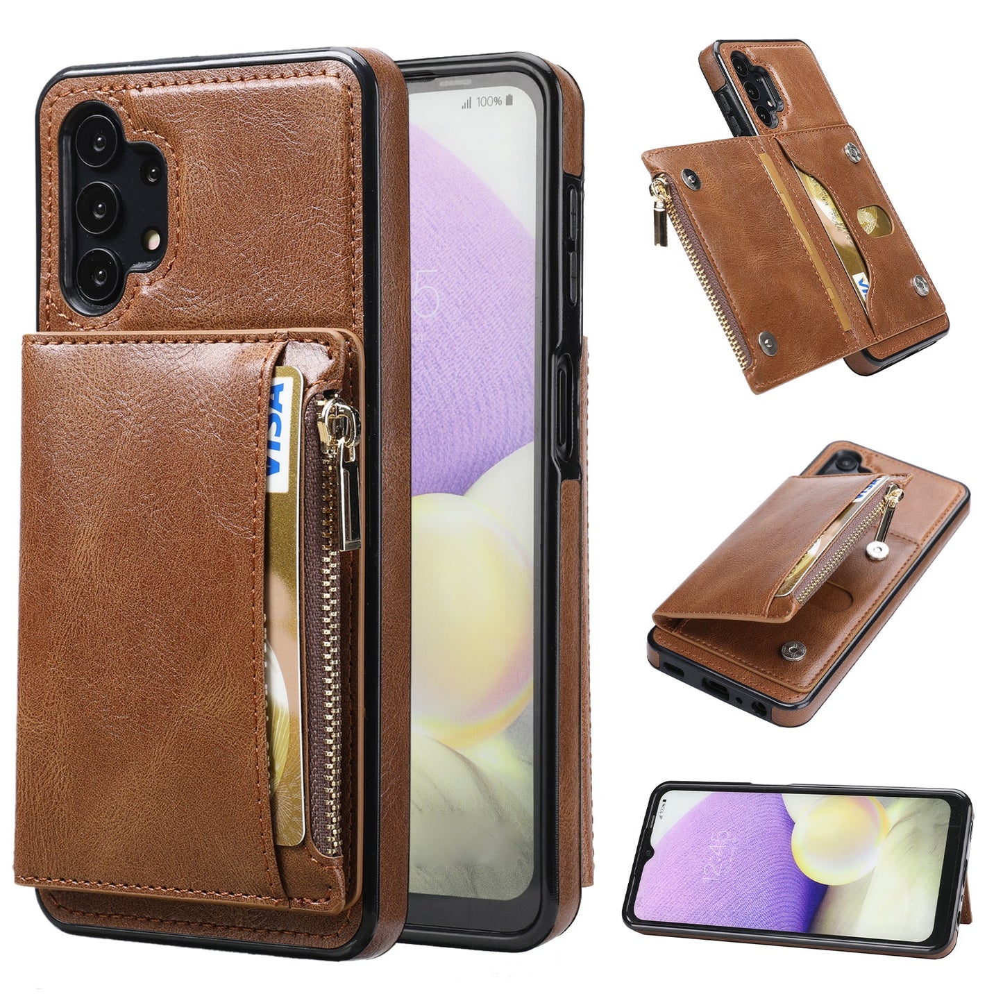 Nouvel étui de téléphone multifonctionnel à fermeture éclair avec portefeuille pour Samsung A32 5G