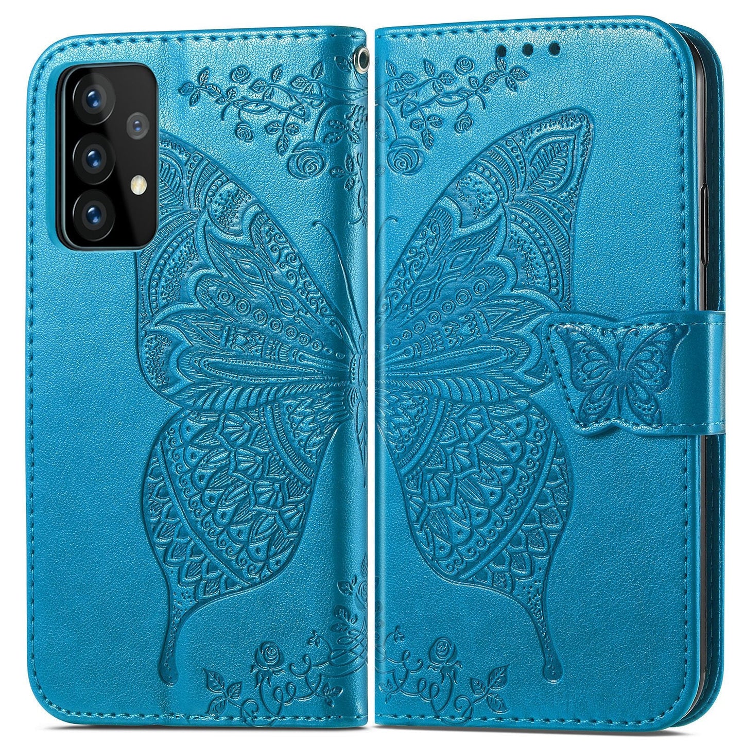 Étui portefeuille en cuir gaufré de luxe avec motif papillon pour Samsung A72 5G